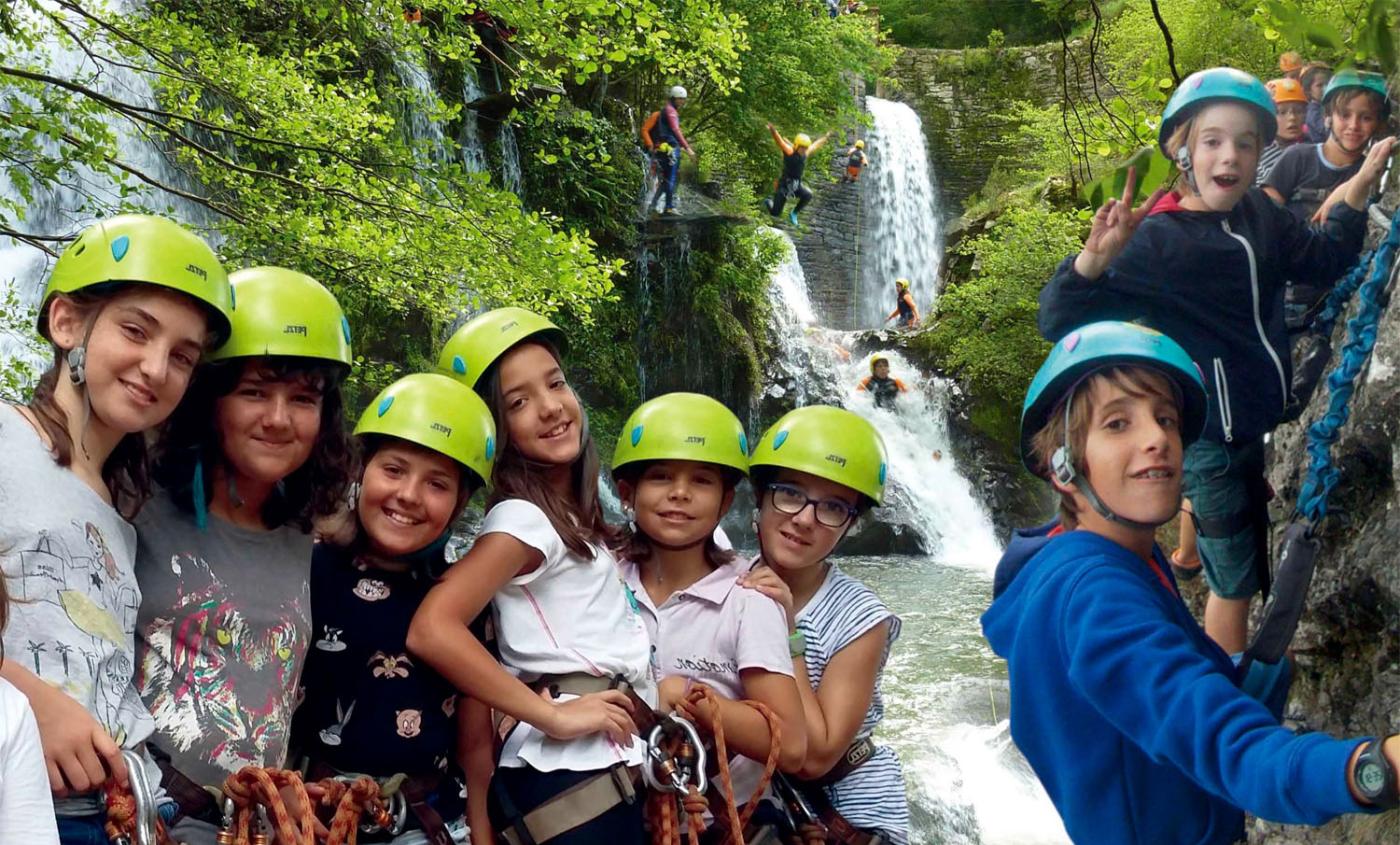 Girls canyoning in an adventure park